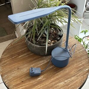 Small blue adjustable desk lamp.